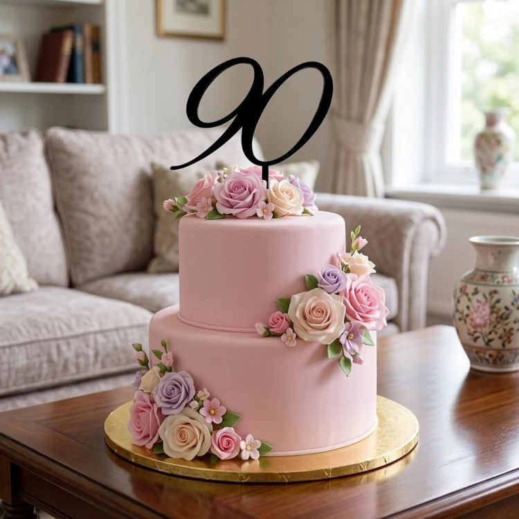 Dwupiętrowy różowy tort ozdobiony pastelowymi kwiatami i czarnym topperem w kształcie liczby 90, ustawiony w eleganckiej aranżacji salonu.