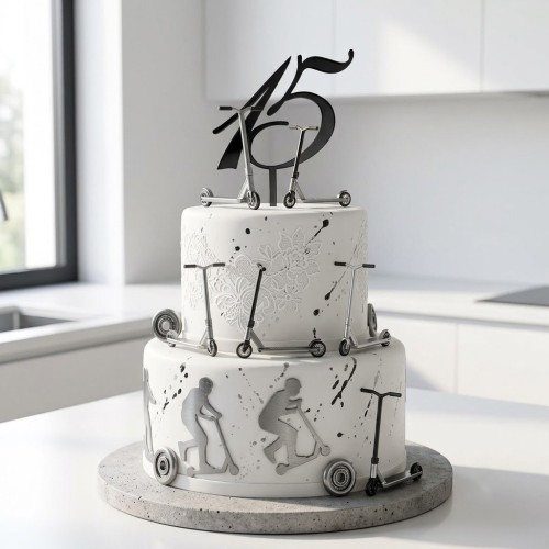 Dwupiętrowy biały tort ozdobiony skuterami, koronkowymi wzorami i czarnym topperem w kształcie liczby 15, ustawiony w kuchennej aranżacji.