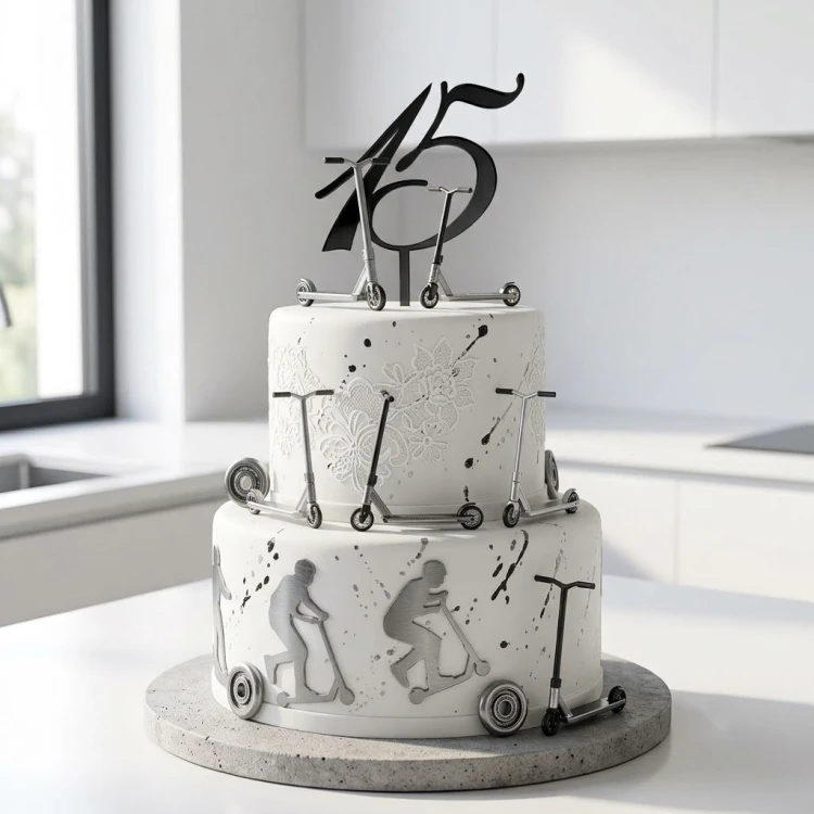 Dwupiętrowy biały tort ozdobiony skuterami, koronkowymi wzorami i czarnym topperem w kształcie liczby 15, ustawiony w kuchennej aranżacji.