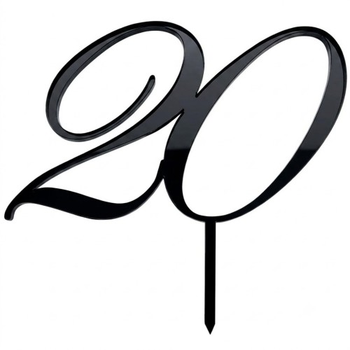 Czarny topper na tort w kształcie liczby 20 ze szpikulcem do wbijania, przeznaczony jako elegancka dekoracja na dwudzieste urodziny lub rocznicę.
