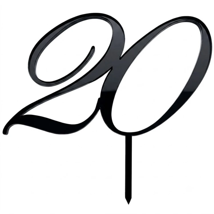 Czarny topper na tort w kształcie liczby 20 ze szpikulcem do wbijania, przeznaczony jako elegancka dekoracja na dwudzieste urodziny lub rocznicę.