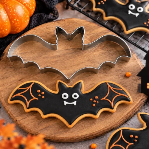 Foremka nietoperz z ciasteczkiem udekorowanym czarnym lukrem w halloweenowej scenerii - idealna do tematycznych wypieków.