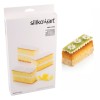 Forma Silikomart Mini Cake w opakowaniu obok gotowej monoporcji w kształcie prostokąta, ozdobionej zieloną dekoracją i białymi kwiatkami.