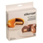 Silikonowa forma Silikomart Multi-Insert Round do tworzenia warstwowych deserów o okrągłym kształcie, przedstawiona wraz z przykładowymi przekrojami monoporcji.