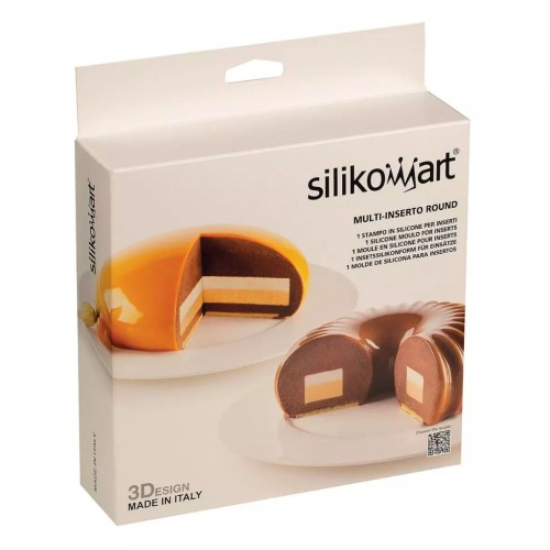 Silikonowa forma Silikomart Multi-Insert Round do tworzenia warstwowych deserów o okrągłym kształcie, przedstawiona wraz z przykładowymi przekrojami monoporcji.