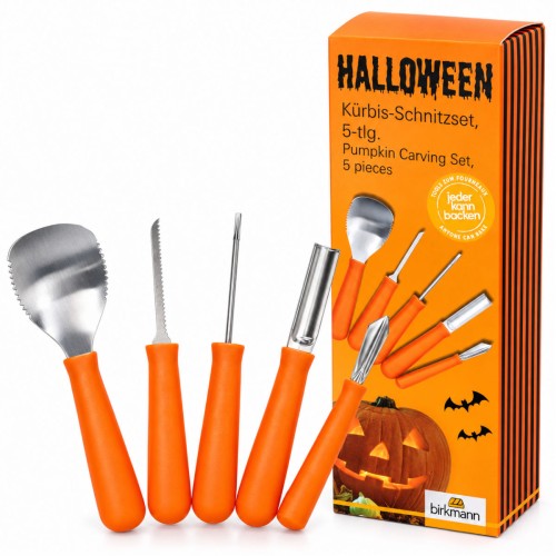 Oryginalne opakowanie zestawu Birkmann z 5 narzędziami do carvingu i wycinania dyni na Halloween