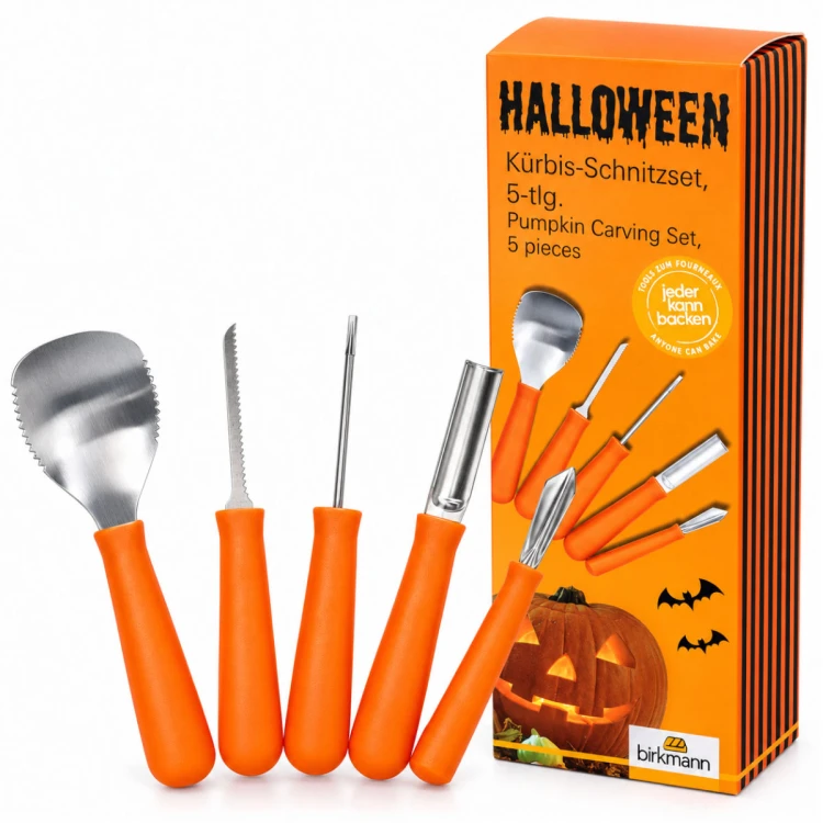 Oryginalne opakowanie zestawu Birkmann z 5 narzędziami do carvingu i wycinania dyni na Halloween