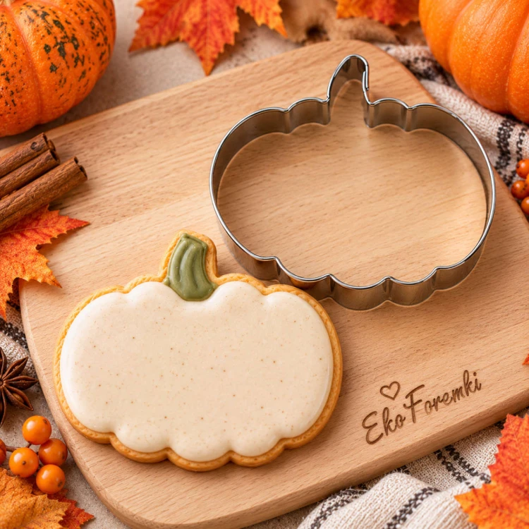 Foremka do ciastek Dynia ze stali nierdzewnej z udekorowanym halloweenowym ciastkiem w jesiennej aranżacji